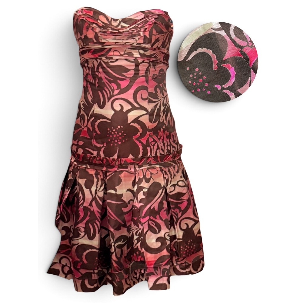Vintage Y2K 100% Silk Floral Strapless Drop Waist Dress S